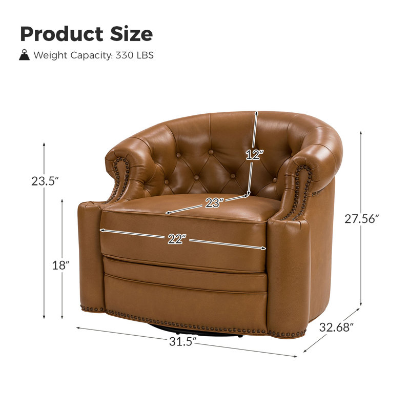 Toiya 31.5" Wide Genuine Leather Swivel Chair, Camel