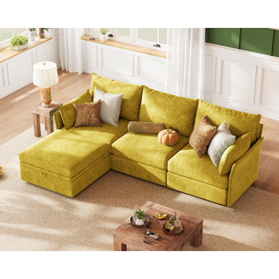 Merchelle 103" Wide Reversible Modern Modular Sectional Sofa With Storage Ottoman -Premium Chenille Fabric-Yellow