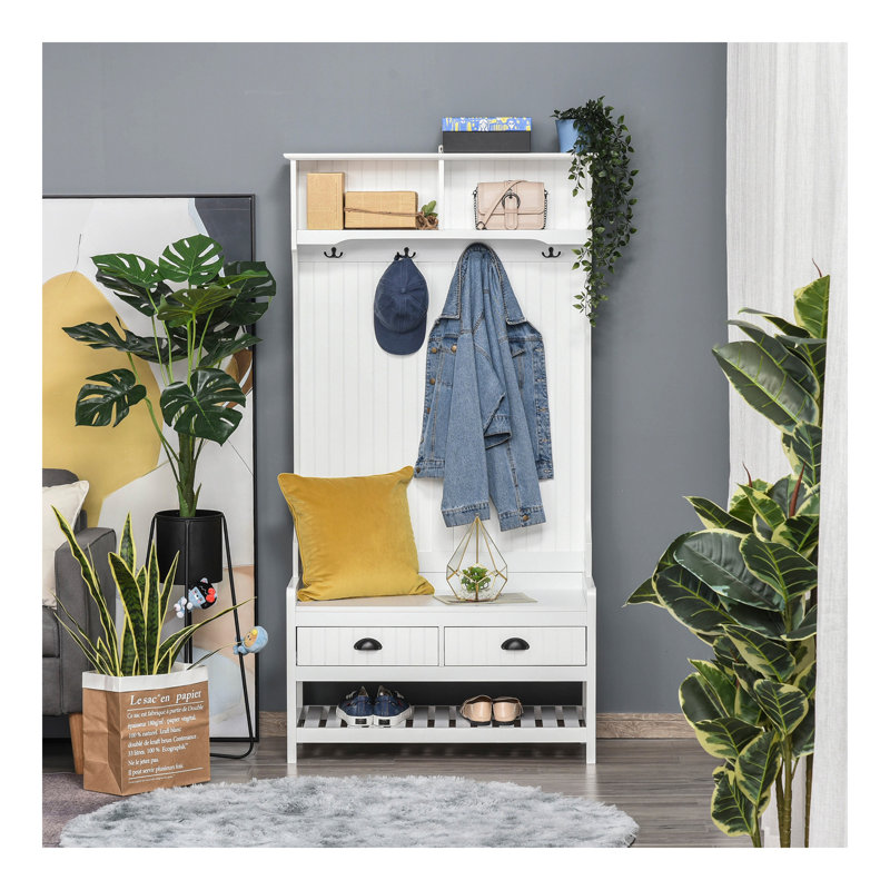 Arbre d'entrée 3 en 1, banc de vestibule avec porte-manteau, banc de vestibule avec porte-chaussures, 2 tiroirs de rangement, 4 crochets et coussins de siège rembourrés pour le couloir, blanc