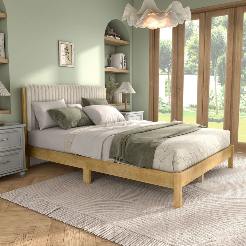 Casondra Upholstered Platform Bed, Natural Wood