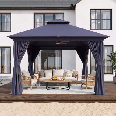 Aoxun 10'x10' Outdoor Gazebo with Curtain & Mosquito Netting, Blue Heavy-Duty Party Tent with Double Roof, Patio Tent with Zipper Screens Backyard Garden Lawn Shelter