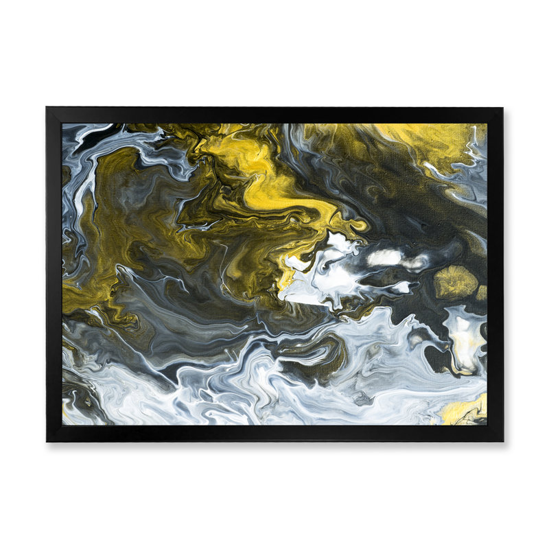 Marbre liquide noir, blanc et jaune II - peinture sur toile, H 30 po x l 40 po, Cadre d'angle fermé noir