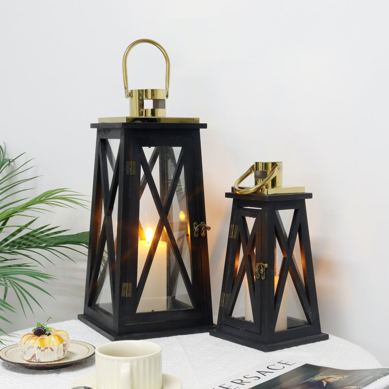 Set Of 2 Decorative Wooden Candle Lanterns Metal Decorative Candle Holders, Black 