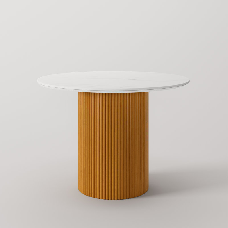 Table de salle à manger ronde 42 po en faux marbre avec base cannelée en bois, H 30 po x L 42 po x l 42 po, Blanc