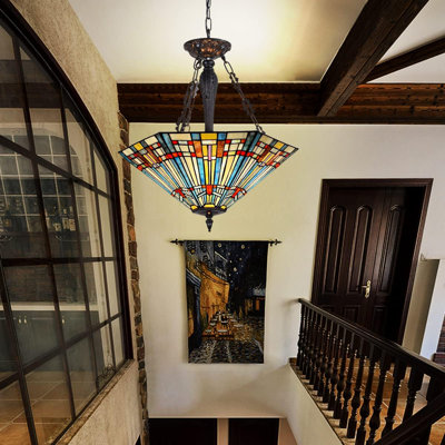 Tiffany Stained Glass Pendant Light Fixture, 22" Wide Antique Style Ceiling Lamp For Dining Room, Living Room, Kitchen, Entryway, 3-Light Hanging Chan