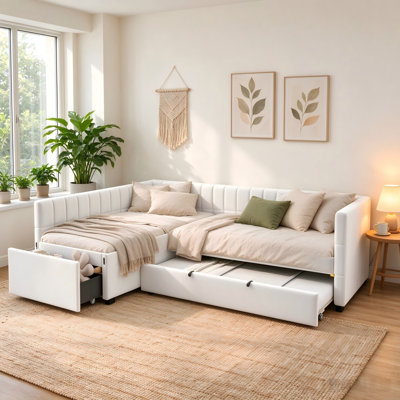 Lit de jour rembourré en L avec lit gigogne coulissant et grand tiroir de rangement, canapé-lit multifonctionnel pour petits espaces, lit de jour capitonné moderne disponible en beige, gris et rose