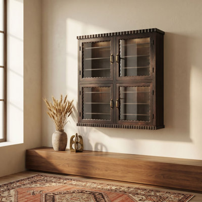 Natural Mango Wood Cabinet with Glass Doors and Brass Details