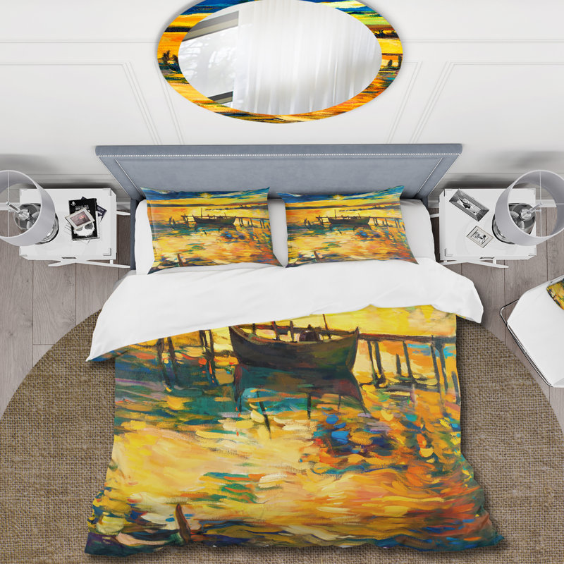 «Boat Pendant Evening Glow At The Lake VI» - Ensemble de housse de couette nautique et côtier - Polyester en microfibre