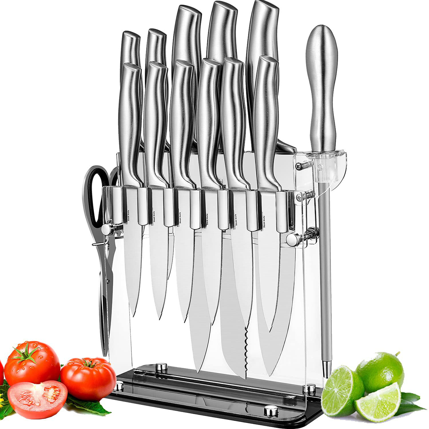 AIHEAL Knife Set, Aiheal 14PCS Stainless Steel Kitchen Knife Set with  Acrylic Knife Stand, No Rust and Super Sharp Cutlery Knife Set in