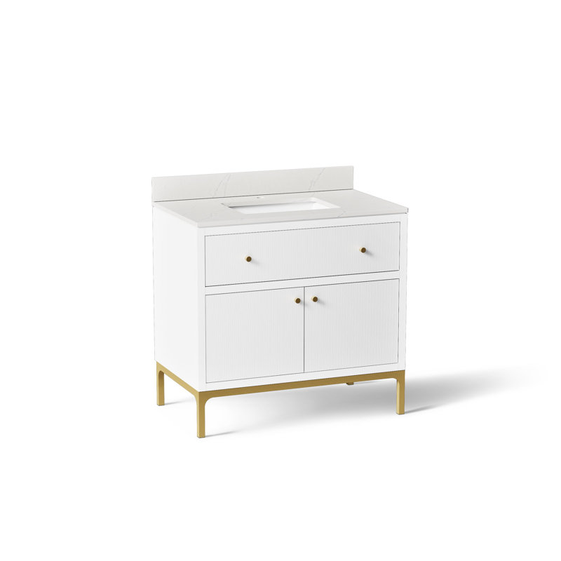Calpa Meuble-lavabo de salle de bain avec lavabo et comptoir en quartz, Blanc