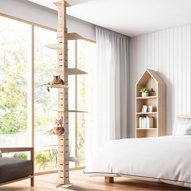 Arbre à chat de 9 à 9 pieds de hauteur réglable, condo vertical à plusieurs niveaux pour chat, centre d'activité avec cadre d'escalade et tablettes pour chats d'intérieur, naturel