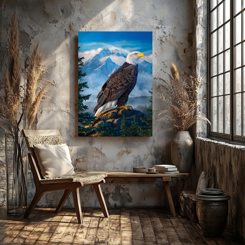 Toile, "Un majestueux aigle à tête blanche" se dresse fièrement sur un rocher, art mural, formation, bec jaune vif et tête blanche