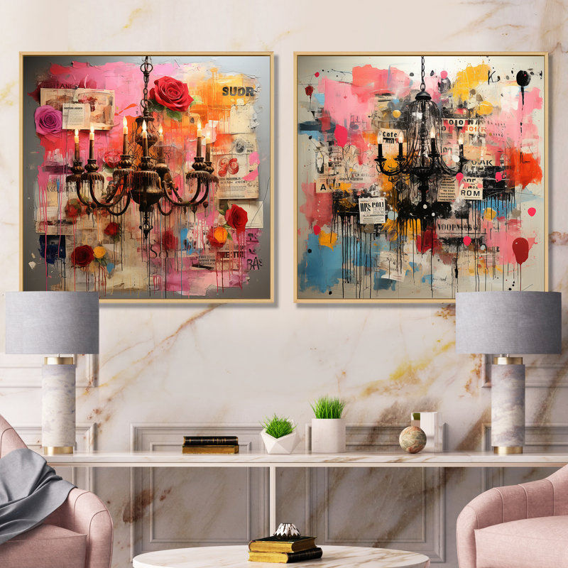 Lustre Pop Art en rose I - ensemble de 2 impressions sur toile lustre, Cadre flottant brun, H 30 po x l 61 po x P 1 po