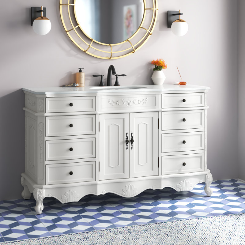 Ensemble de meuble-lavabo simple 60 po Lunette, Blanc antique, Blanc ivoire