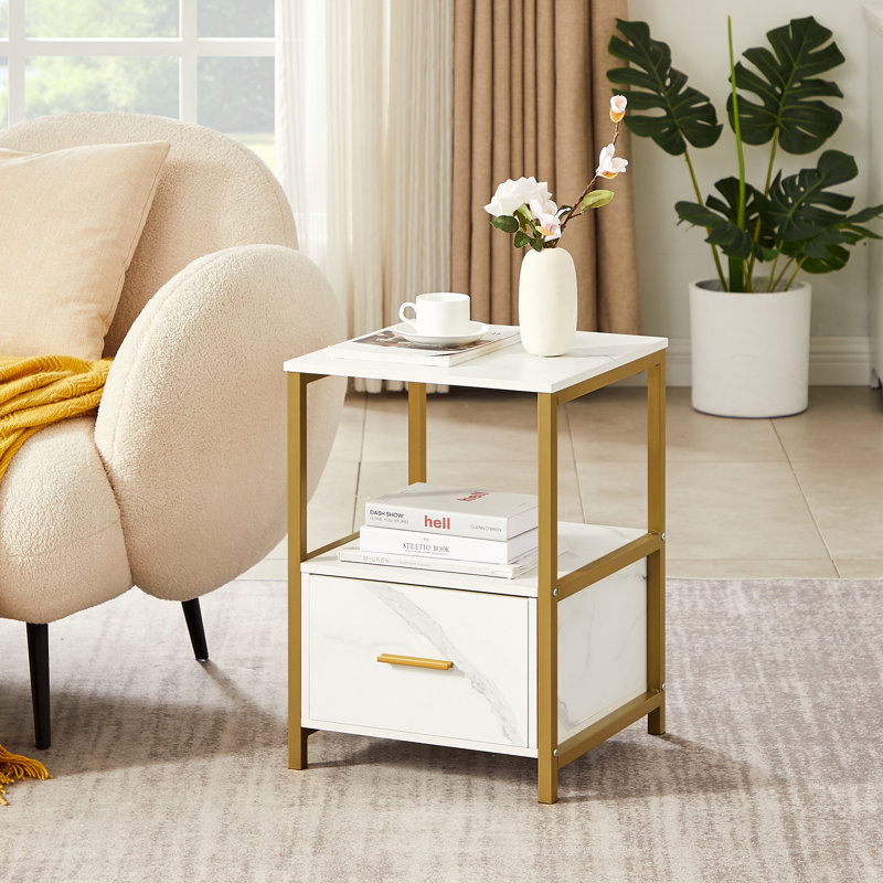 Kempst 1 - Drawer Iron Nightstand, Gold/White