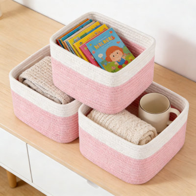 Cotton Rope Woven Storage Baskets, 3-Pack Cube Organizer Bins With Reinforced Handles For Shelves, Closets, And Home Organization