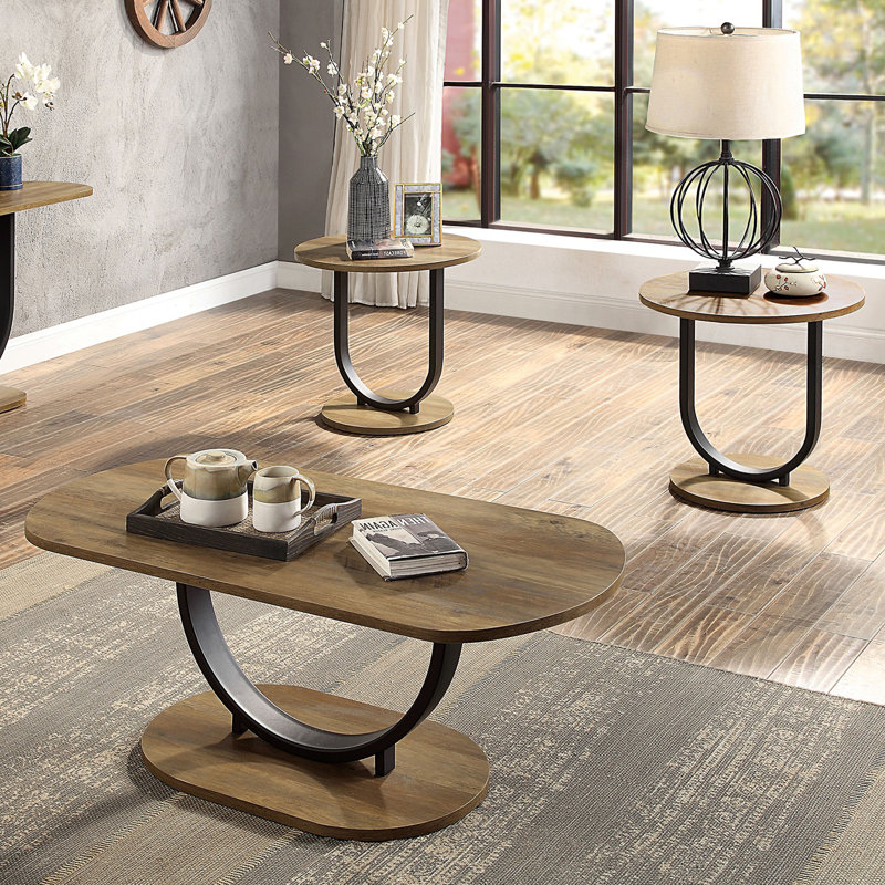 Ensemble de tables basses 3 pièces de style industriel avec finition en chêne rustique et noir sable, base en acier en U, plateau en bois reproduit