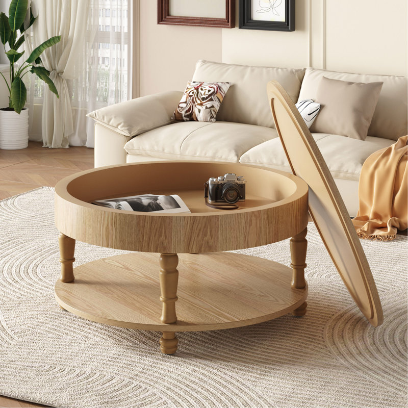 Table basse ronde moderne à deux compartiments de rangement dissimulés facile à assembler, Bois naturel