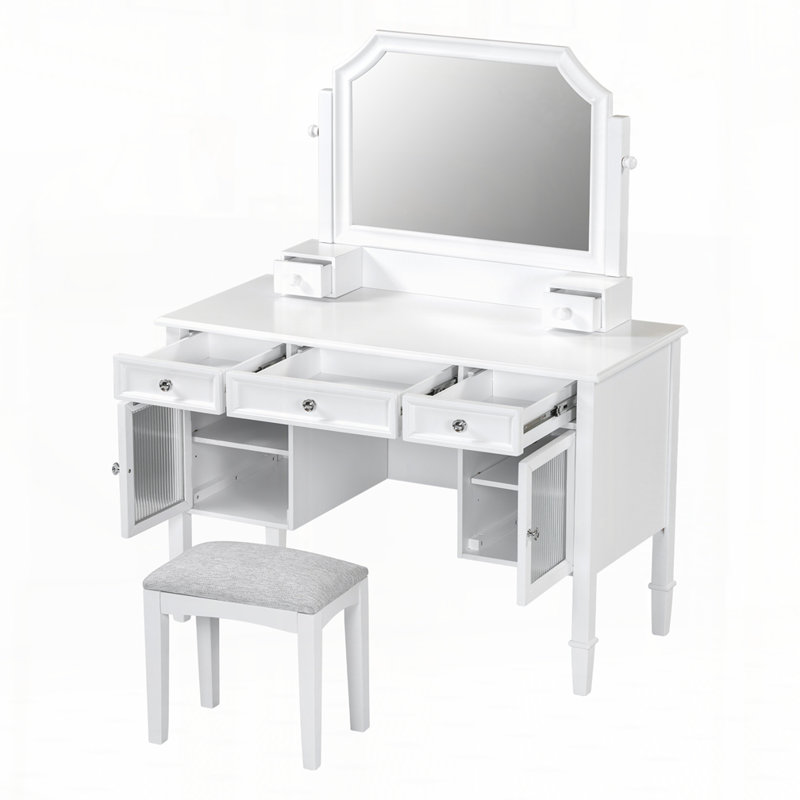 Vanity Desk with Flip-Top Mirror, Dressing Table Set with Drawer & Cabinet