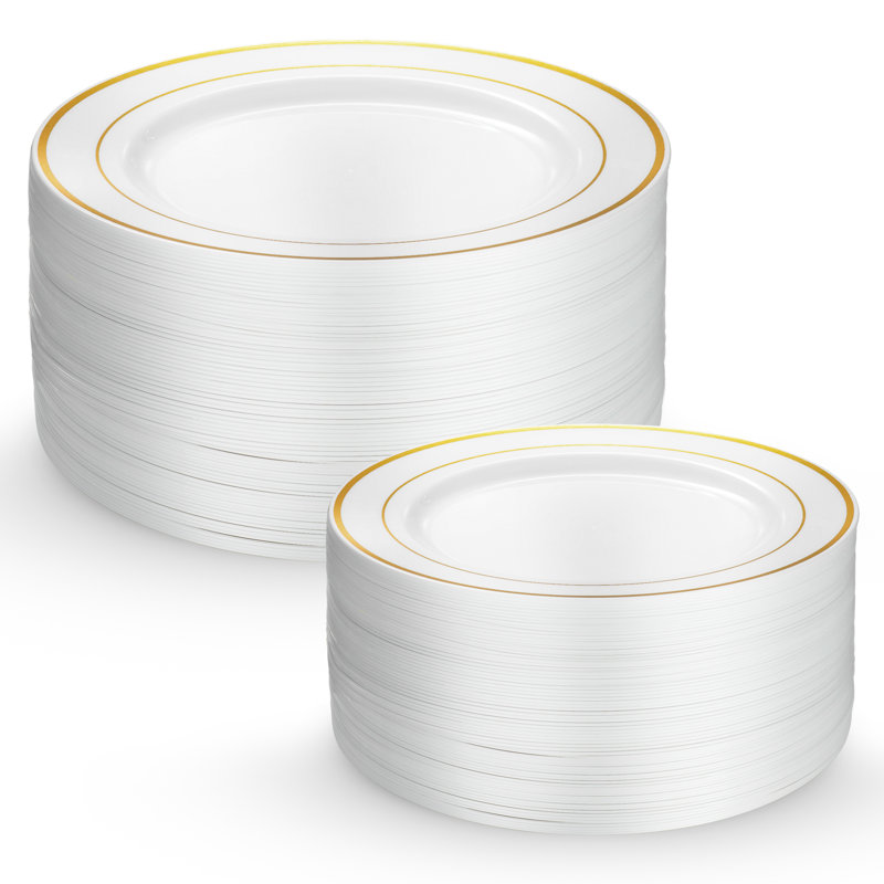 Assiettes en plastique pour 30 invités, Bordure or blanc