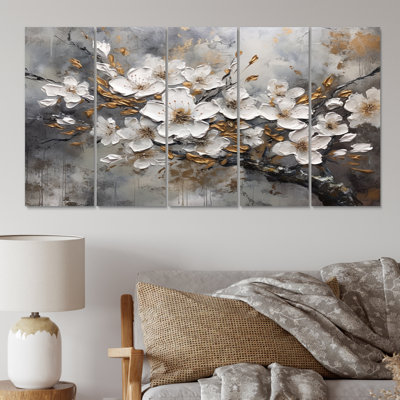 «White Gray Cherry Blossum Harmony I» sur toile, reproduction de 5 pièces