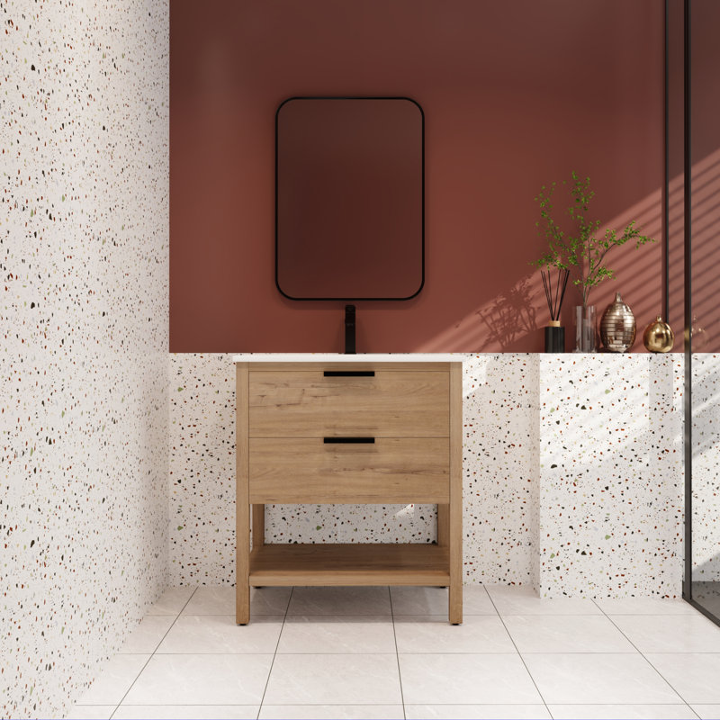 Meuble-lavabo simple 30,34 po avec comptoir en céramique Takirah, Chêne, Noir mat