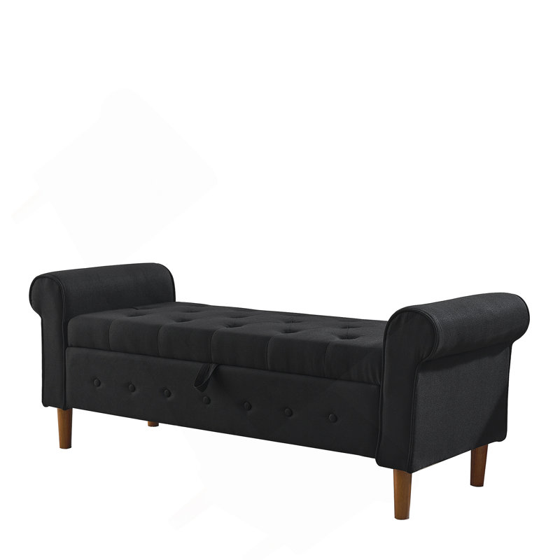 62" Bedroom Tufted Button Storage Bench, Modern Fabric Upholstered Ottoman, Window Bench with Rolled Arm Design, Black