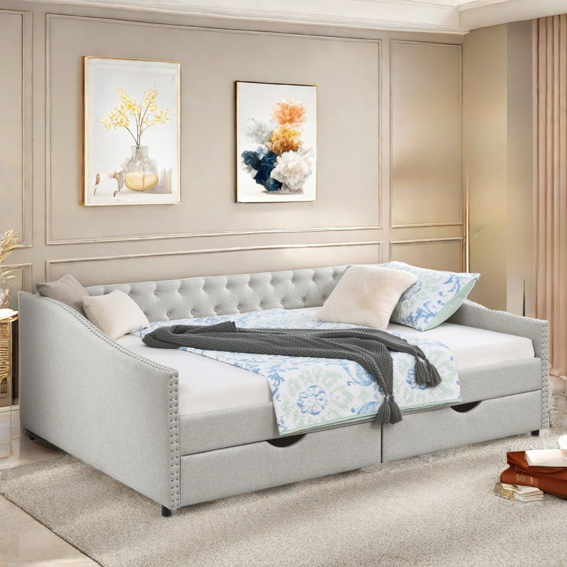Upholstered Airion Decoration And Waved Shape Arms, Beige