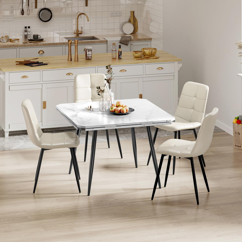 Dining Table And Chairs Set Of 4, Extendable Round Marble Effect Folding Table With Upholstered Tech Fabric Chairs For Dining Room,Kitchen