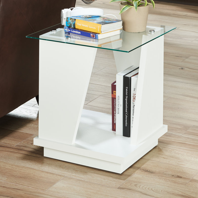 Glass Top Floor Shelf End Table, White
