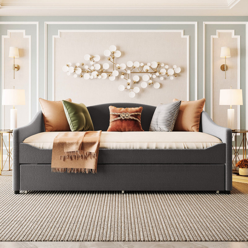 Lit de jour double en molleton gris et lit gigogne réglable, Complet/Double, Gris