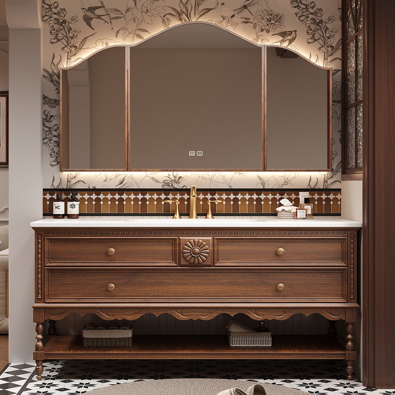 French vintage mid-century style bathroom cabinet, 32.28" H x 59.06" W x 21.65" D, Brown