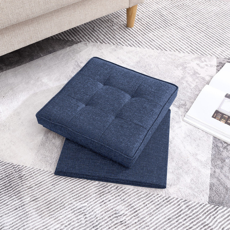 Hilsa Upholstered Ottoman, Navy Blue Linen Blend
