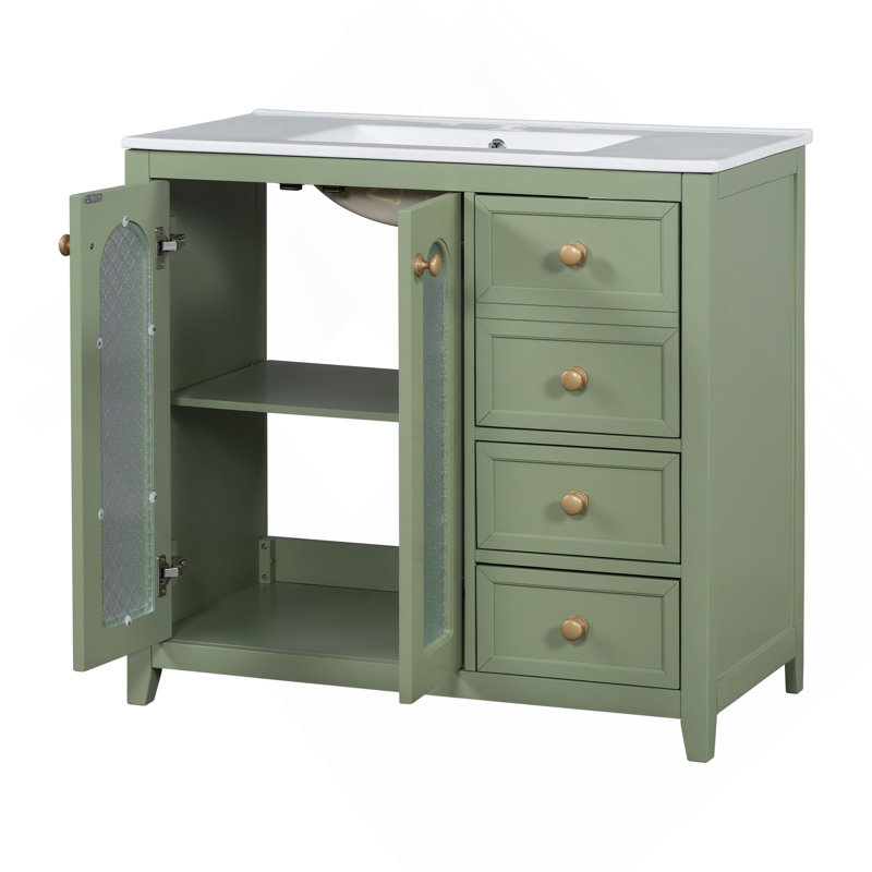 Meuble-lavabo de 36 pouces avec deux portes à fermeture douce, des tablettes réglables et trois tiroirs, Vert
