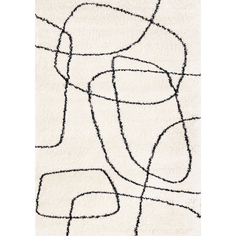 Ombretta Cream Black Swirling Lines Area Rug, Rectangle 2'7" x 4'11"