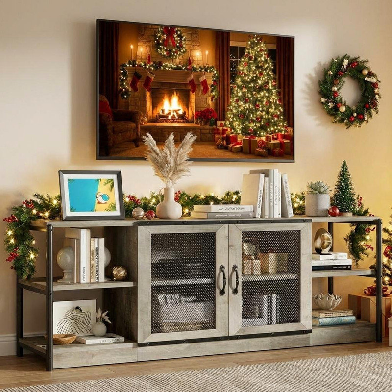 Farmhouse TV Stand for 75/80 inches TVs, Entertainment Center with Storage Cabinet, Industrial Media Console Cabinet Table, Furniture for Living Room