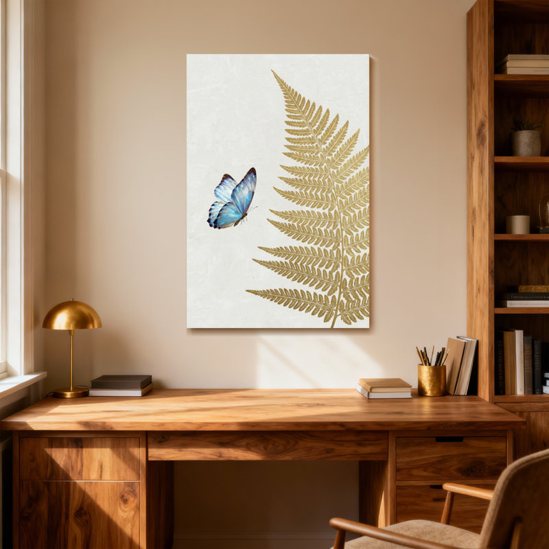 Plantes et fleurs papillon bleu et feuille de fougère dorée, H 18 po x l 12 po