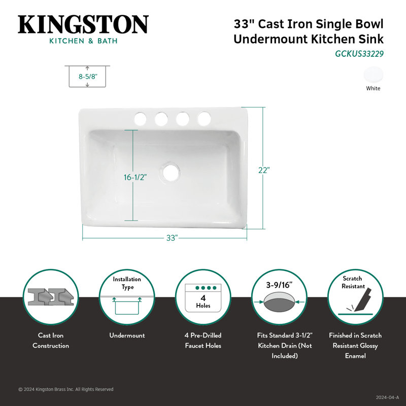 Évier de cuisine à simple cuve en fonte de 33 po à 4 trous Kingston