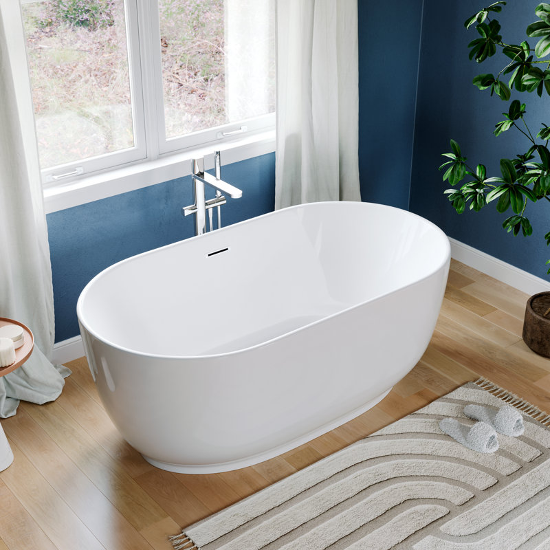 Baignoire autoportante 67 po en acrylique moderne - blanc brillant avec bonde pré-percée et trop-plein