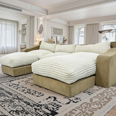 Wowmax 122'' U Shaped Couch Modular Sectional Cloud Sofa 4 Deep Seat Modern Corduroy Sofa Set with Movable Ottoman for Living Room Bedroom and Apartment, Beige Compression