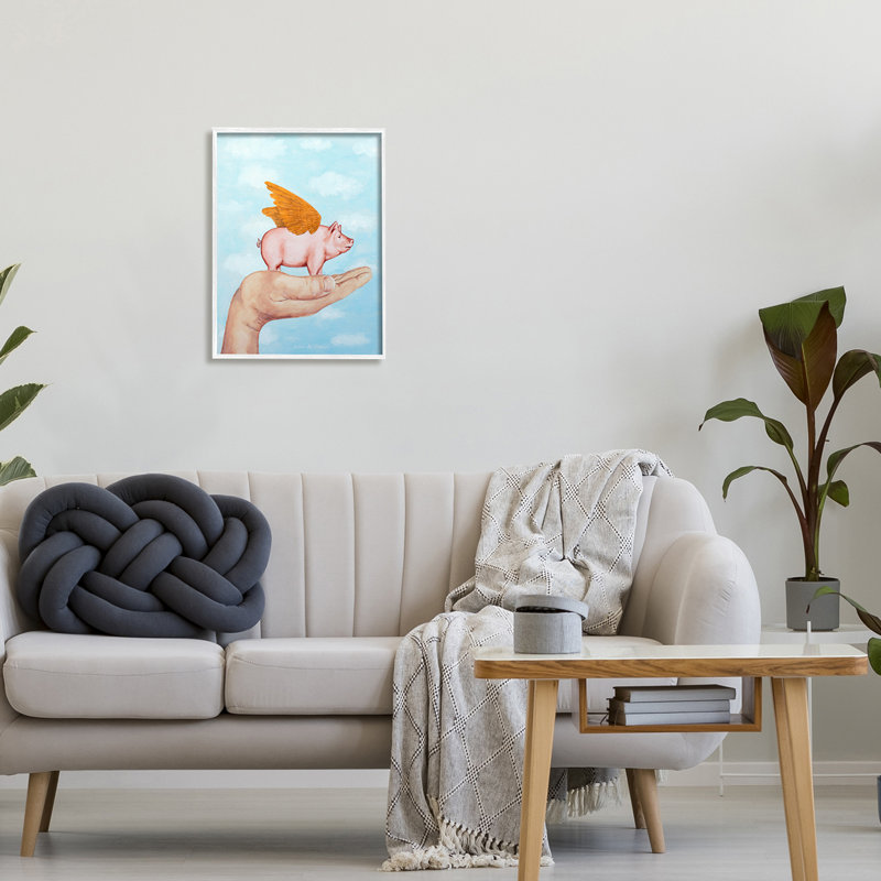 Illustration d'un cochon volant dans une aile de palmier par Coco de Paris - Peinture, H 14 po x l 11 po x P 1,5 po