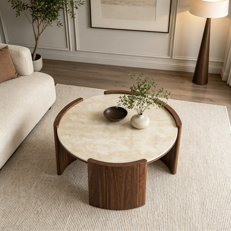 Café rond moderne de 31,5 pouces, Walnut,Yellow