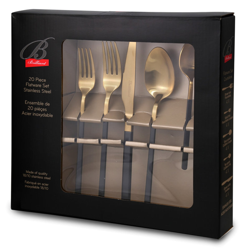 Kimono 20 Piece 18/10 Stainless Steel Cutlery Set, Service for 4, Black/Gold