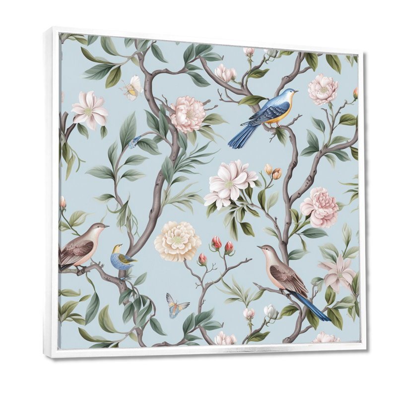 Minimalisme, oiseau sur fleurs, reproduction d'art sur toile encadrée, Cadre flottant blanc, 24" H x 24" W
