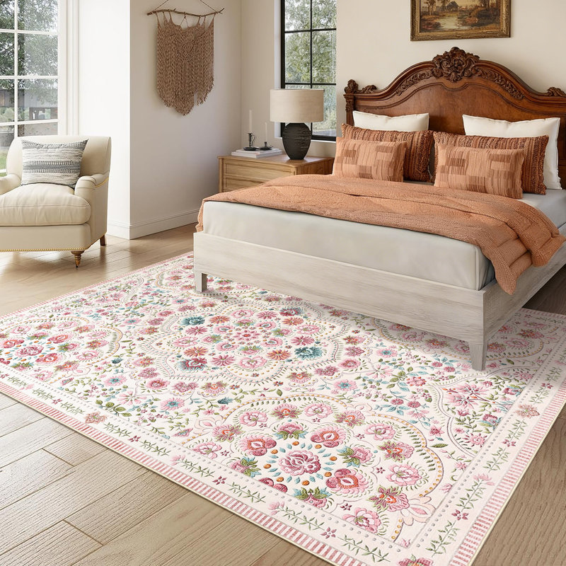 Washable Floral Area Rugs for Living Room Farmhouse Non Slip Soft Thin Large Carpet for Nursery Playroom, Stain Resistant Dining Room Rugs