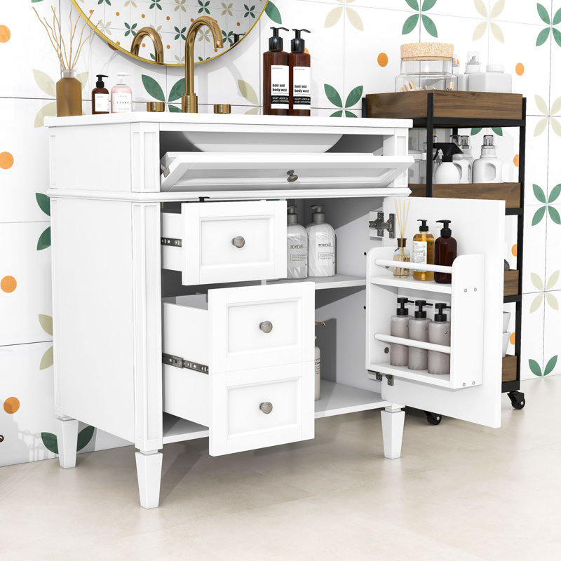 Clista Bathroom Vanity with Top Sink and 2 Drawers and a Tip-out Drawer, White