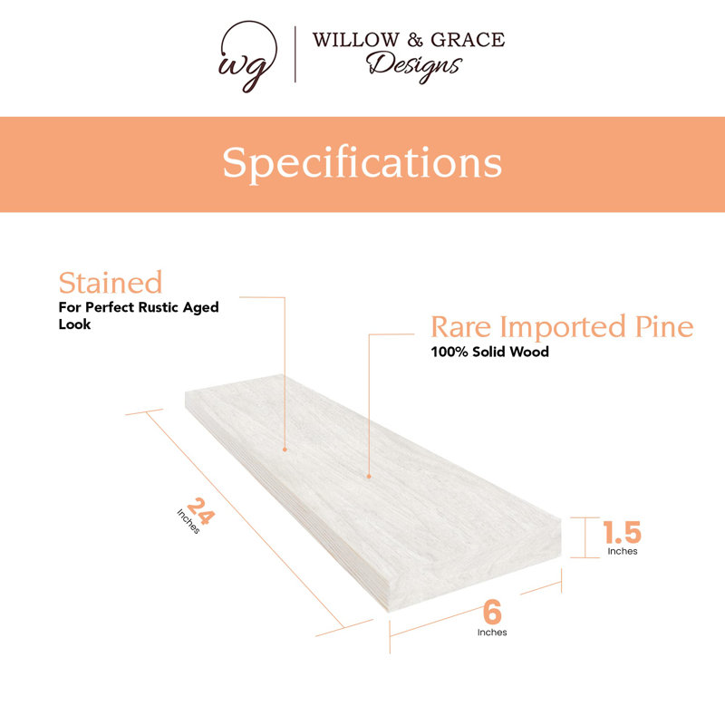 2 Piece Solid Wood Floating Shelf, White 