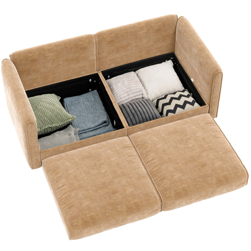 Canapé 2 places Camel Chenille avec rangement, dossier cylindrique, design moderne et ergonomique discret, montage rapide et facile, tissu de qualité, espace de rangement, soutien optimal, schéma de montage simple