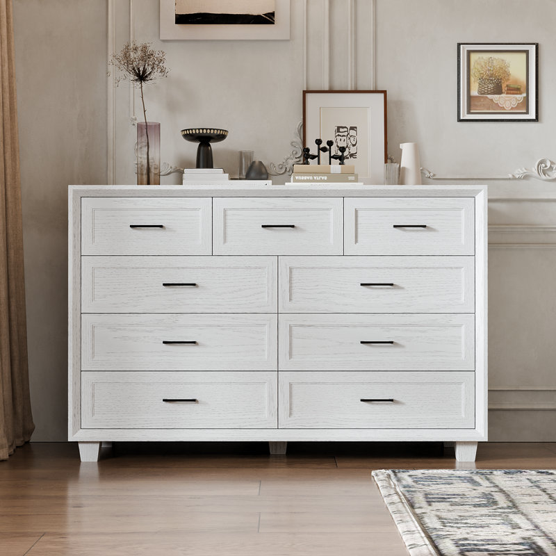 9 Drawer Double Dresser, White Wood