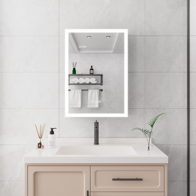 Armoire à pharmacie de salle de bain avec lumières, armoire à pharmacie DEL 28 po x 20 po avec miroir, armoire à pharmacie lumineuse avec désembueur, gradateur, horloge numérique et affichage de la température, montage en surface